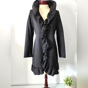 DKNY Black Ruffled Cotton Dress Coat With Bright Red Interior. Size Small